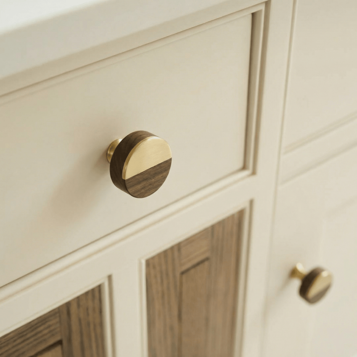 Walnut Wood Cabinet Knob, Nordic Kitchen & Dresser Cabinet Hardware, Brass Detailing, Set of 2 Pieces, 1.18 x 1.18in
