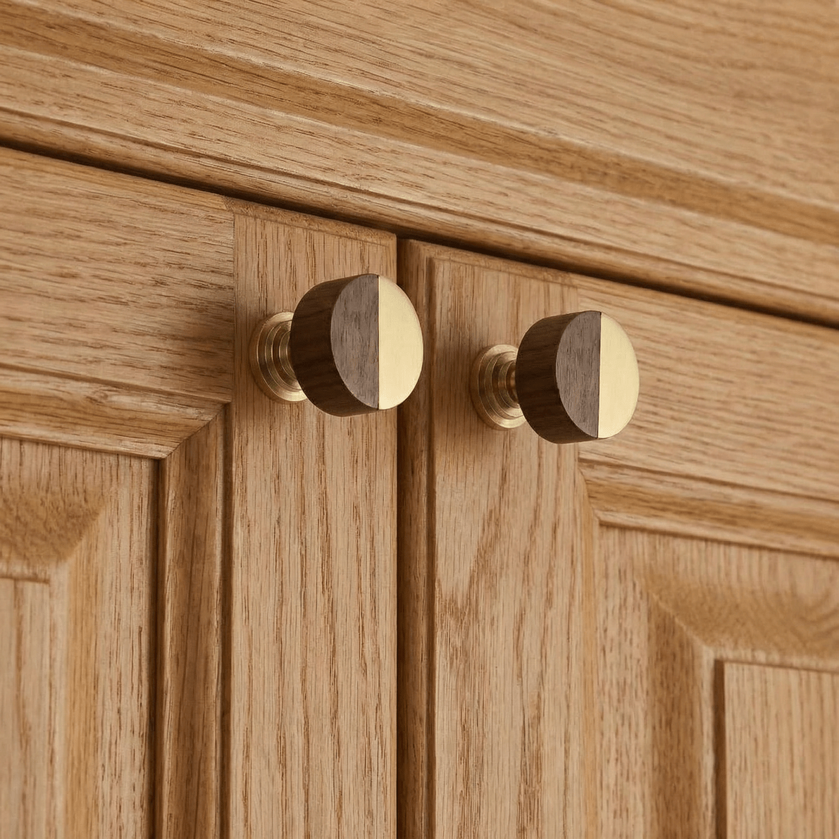 Walnut Wood Cabinet Knob, Nordic Kitchen & Dresser Cabinet Hardware, Brass Detailing, Set of 2 Pieces, 1.18 x 1.18in