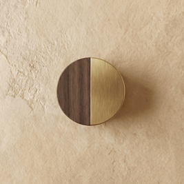 Walnut Wood Cabinet Knob, Nordic Kitchen & Dresser Cabinet Hardware, Brass Detailing, Set of 2 Pieces, 1.18 x 1.18in