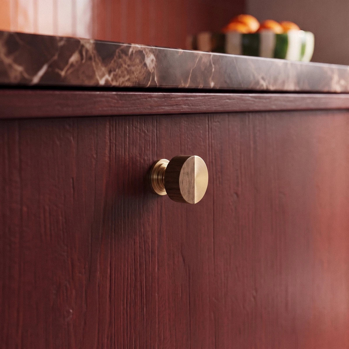 Walnut Wood Cabinet Knob, Nordic Kitchen & Dresser Cabinet Hardware, Brass Detailing, Set of 2 Pieces, 1.18 x 1.18in