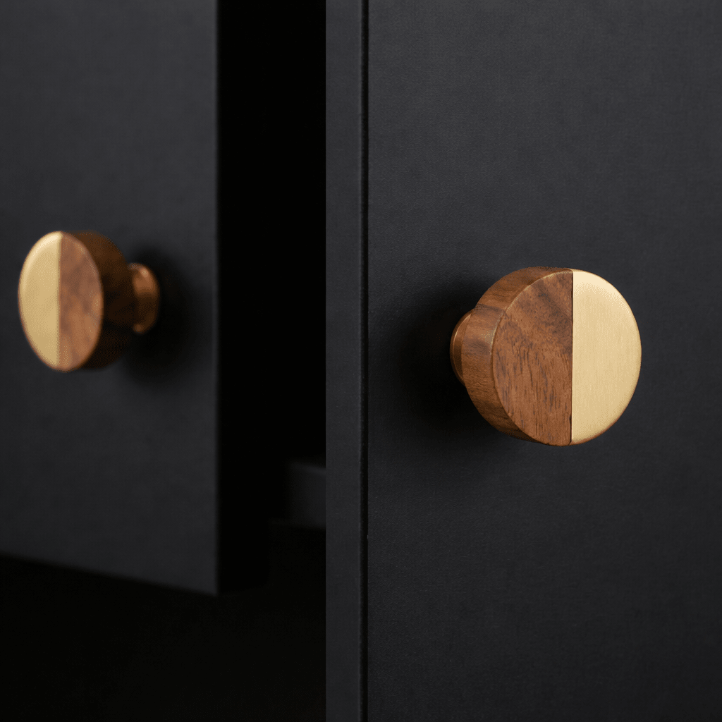 Walnut Wood Cabinet Knob, Nordic Kitchen & Dresser Cabinet Hardware, Brass Detailing, Set of 2 Pieces, 1.18 x 1.18in