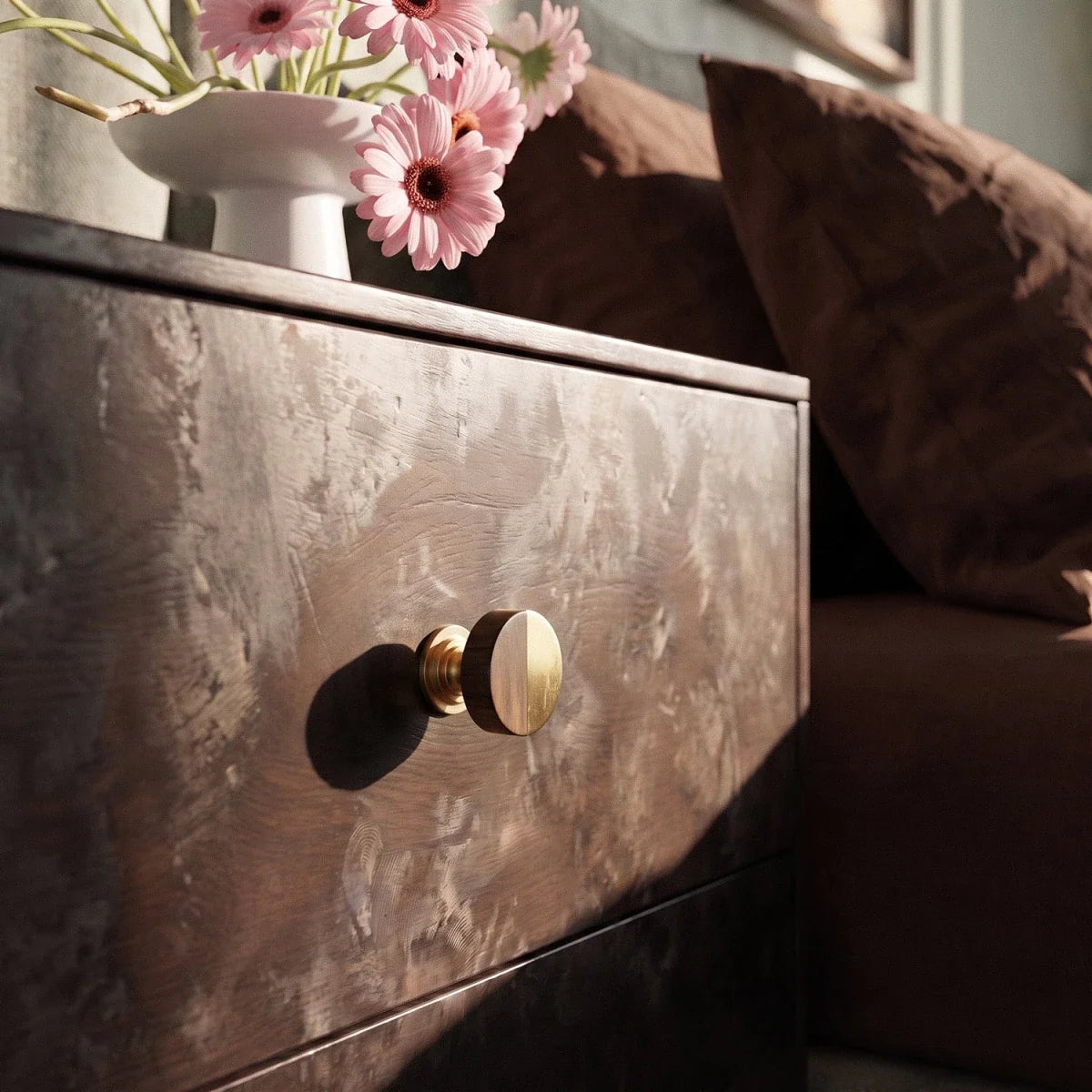 Walnut Wood Cabinet Knob, Nordic Kitchen & Dresser Cabinet Hardware, Brass Detailing, Set of 2 Pieces, 1.18 x 1.18in