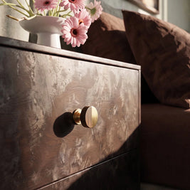 Walnut Wood Cabinet Knob, Nordic Kitchen & Dresser Cabinet Hardware, Brass Detailing, Set of 2 Pieces, 1.18 x 1.18in