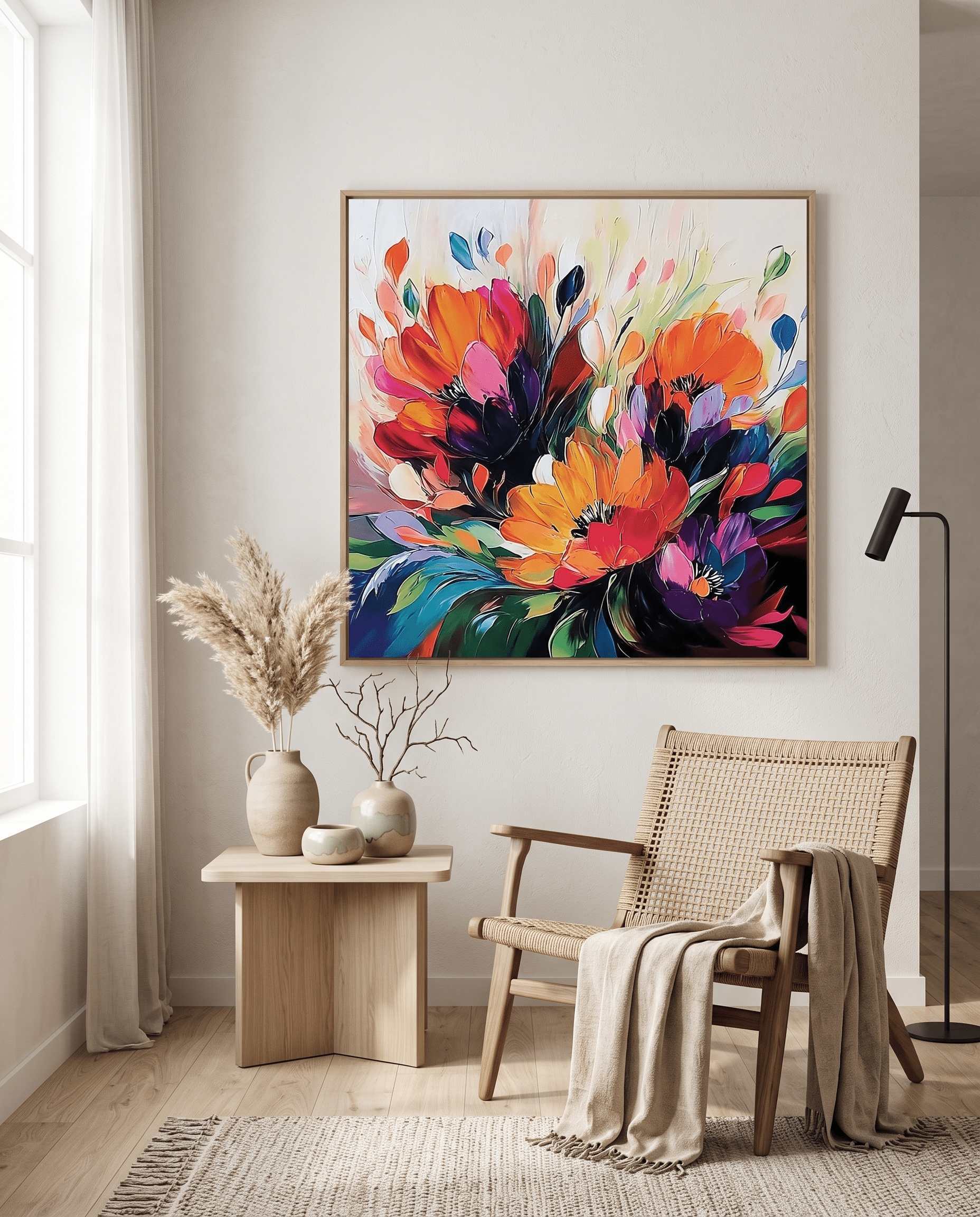 Vurig Bloemenboeket op Donker – Abstract Bloemschilderij - Volsani