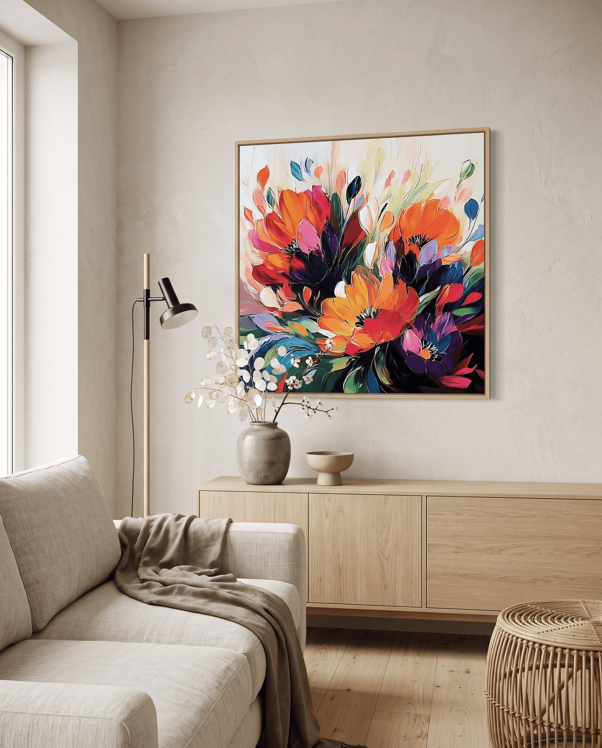 Vurig Bloemenboeket op Donker – Abstract Bloemschilderij - Volsani