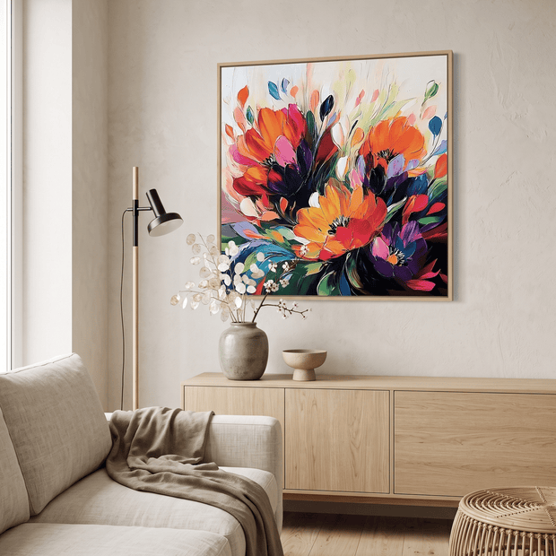 Vurig Bloemenboeket op Donker – Abstract Bloemschilderij - Volsani