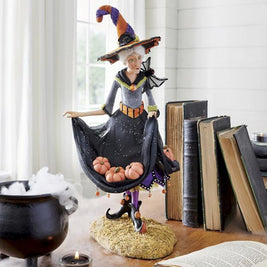 Halloween Witch Figurine, Handmade Resin & Fabric Art Doll for Mantel & Shelf Decor, Tulle Skirt and Pointed Hat, 4 Characters