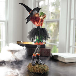 Halloween Witch Figurine, Handmade Resin & Fabric Art Doll for Mantel & Shelf Decor, Tulle Skirt and Pointed Hat, 4 Characters