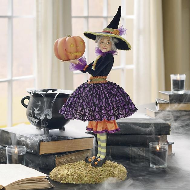 Halloween Witch Figurine, Handmade Resin & Fabric Art Doll for Mantel & Shelf Decor, Tulle Skirt and Pointed Hat, 4 Characters