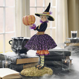 Halloween Witch Figurine, Handmade Resin & Fabric Art Doll for Mantel & Shelf Decor, Tulle Skirt and Pointed Hat, 4 Characters