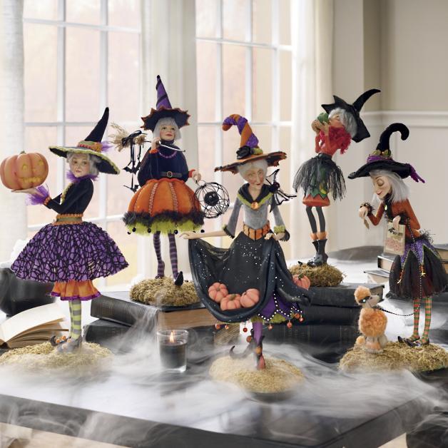 Halloween Witch Figurine, Handmade Resin & Fabric Art Doll for Mantel & Shelf Decor, Tulle Skirt and Pointed Hat, 4 Characters