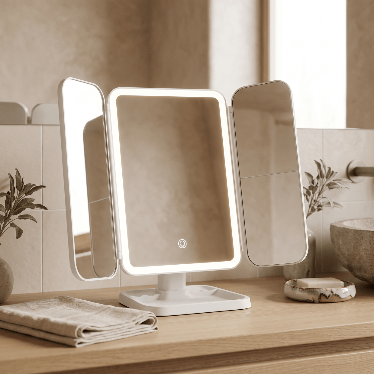 WIEKE: Drieluik Make-upspiegel met LED – Opvouwbaar & 2x/3x/10x Vergrotend - Volsani