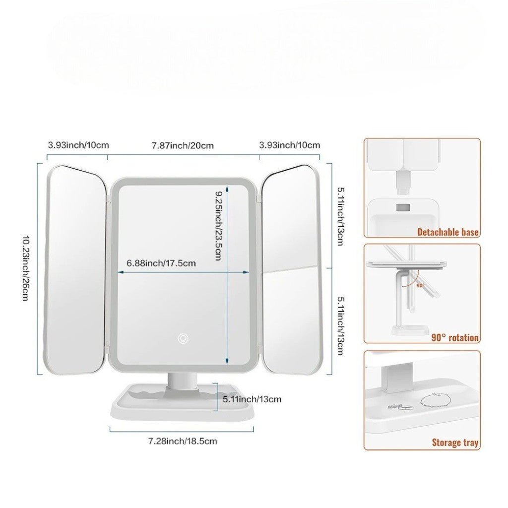 WIEKE: Drieluik Make-upspiegel met LED – Opvouwbaar & 2x/3x/10x Vergrotend - Volsani