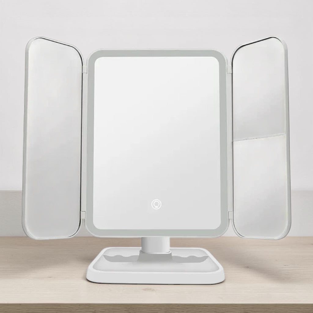 WIEKE: Drieluik Make-upspiegel met LED – Opvouwbaar & 2x/3x/10x Vergrotend - Volsani