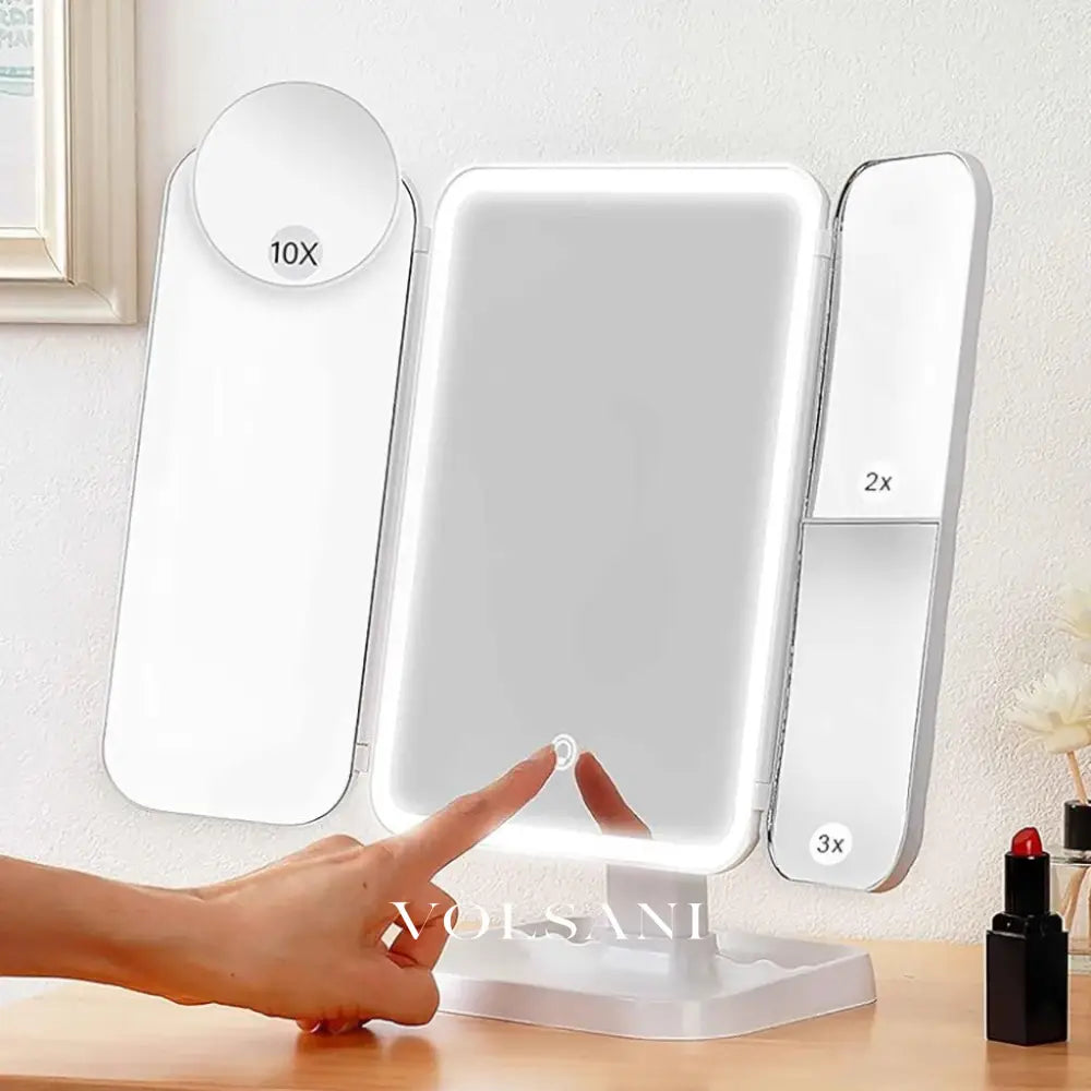 WIEKE: Drieluik Make-upspiegel met LED – Opvouwbaar & 2x/3x/10x Vergrotend - Volsani