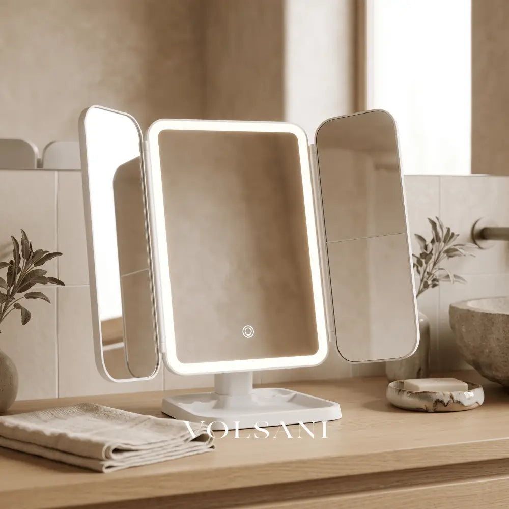 WIEKE: Drieluik Make-upspiegel met LED – Opvouwbaar & 2x/3x/10x Vergrotend - Volsani