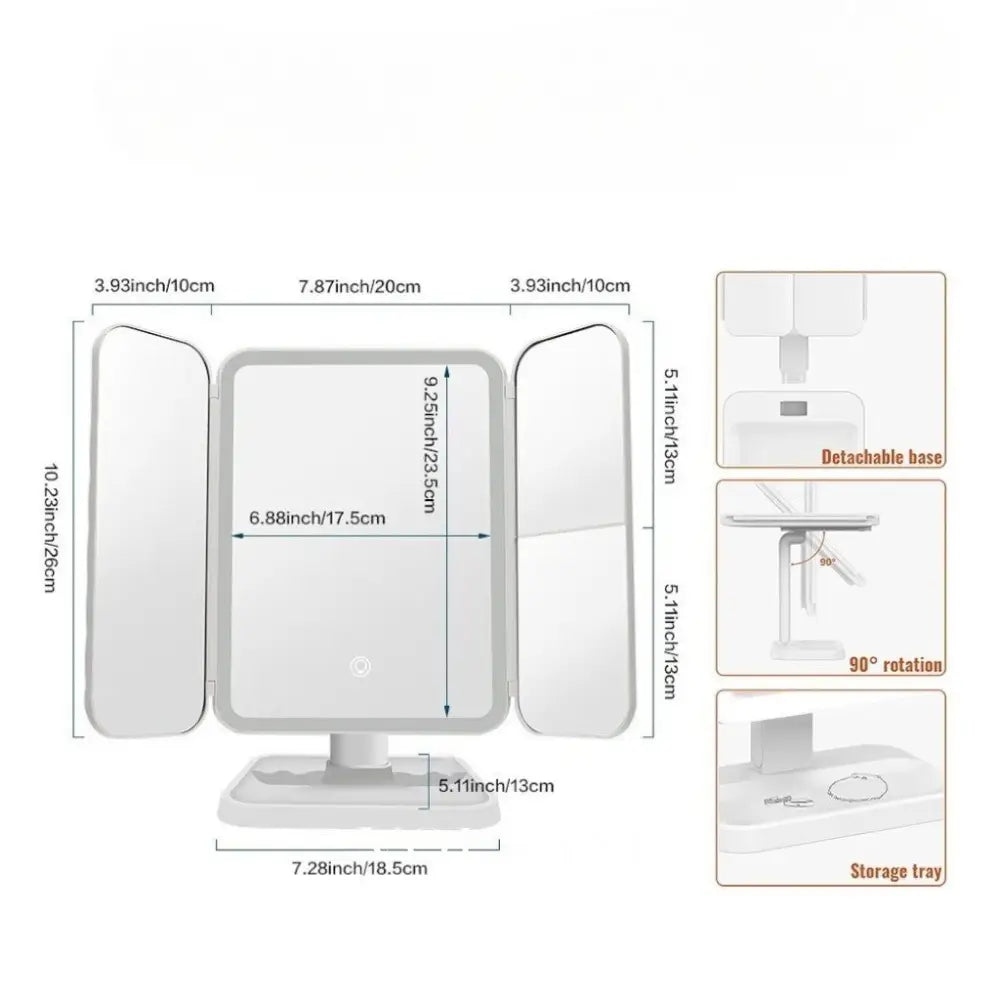 WIEKE: Drieluik Make-upspiegel met LED – Opvouwbaar & 2x/3x/10x Vergrotend - Volsani