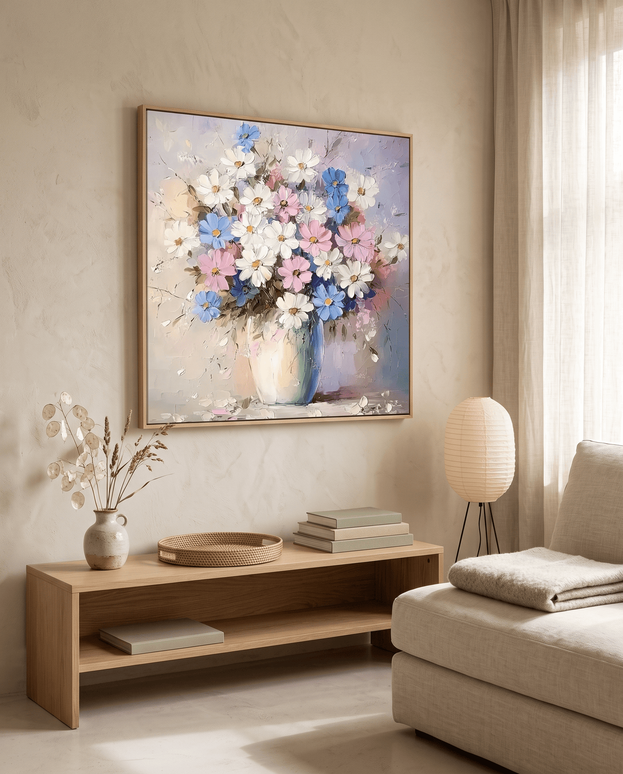 Wildbloemen Boeket in Vaas – Zacht Pastel Schilderij - Volsani