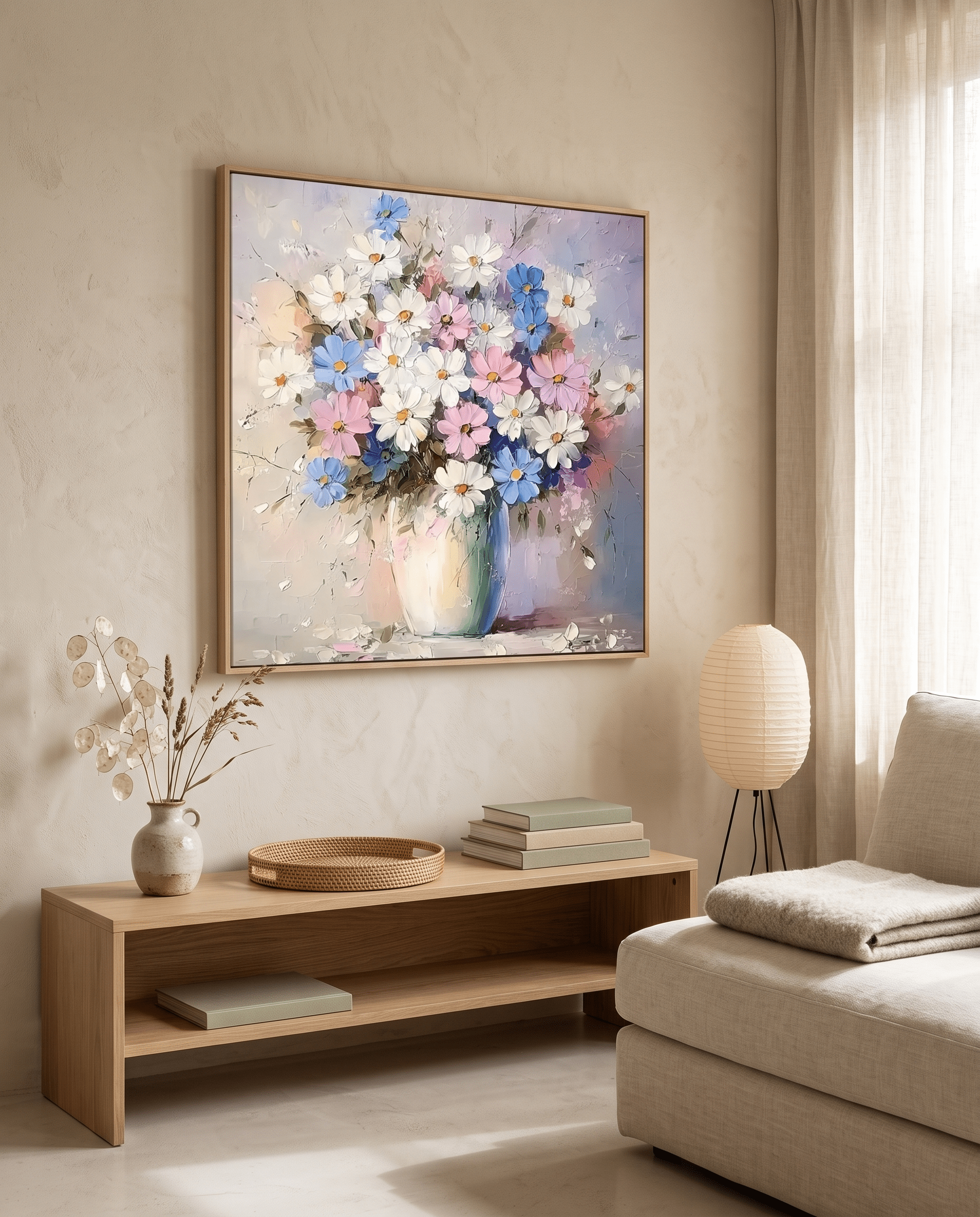 Wildbloemen Boeket in Vaas – Zacht Pastel Schilderij - Volsani