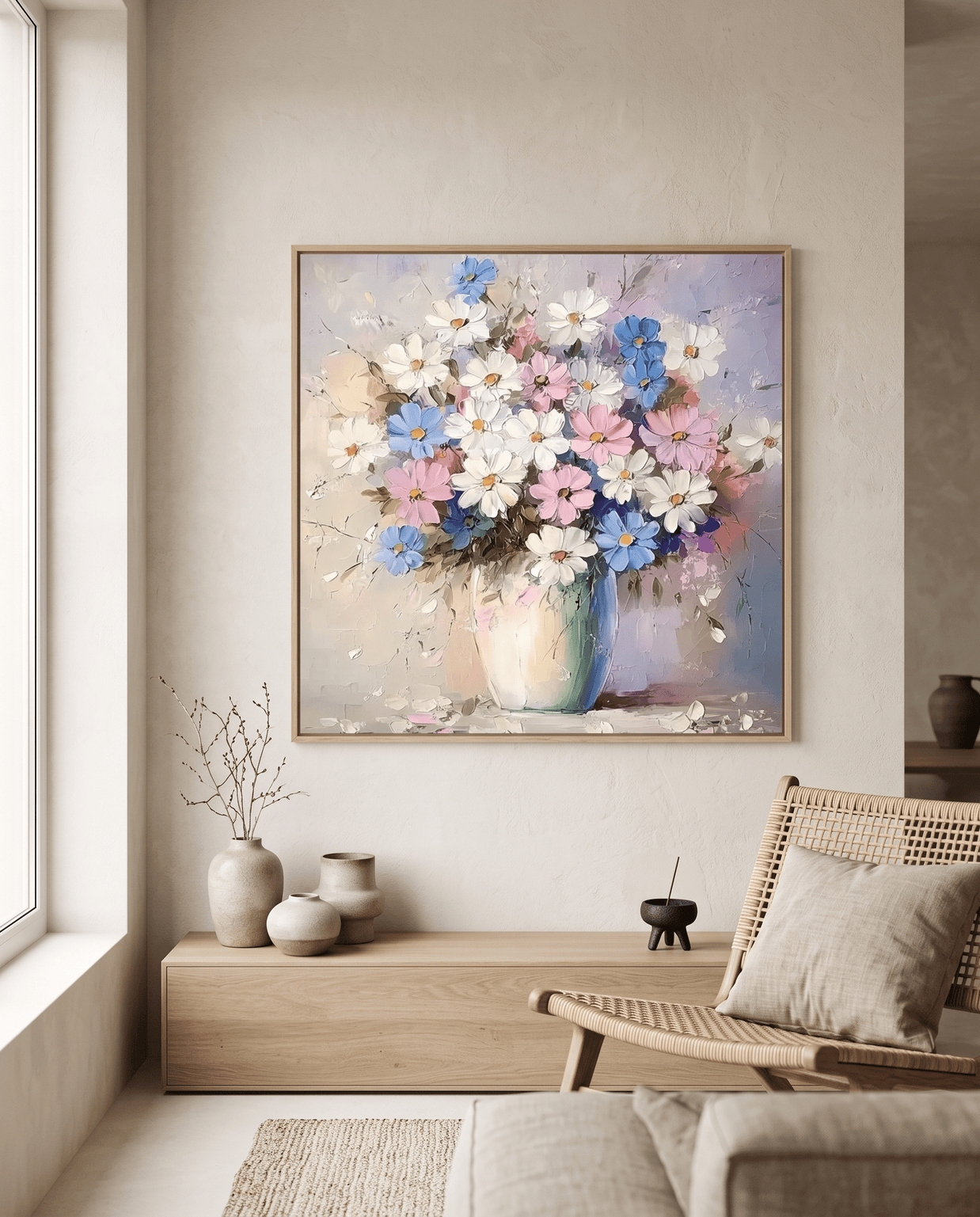 Wildbloemen Boeket in Vaas – Zacht Pastel Schilderij - Volsani