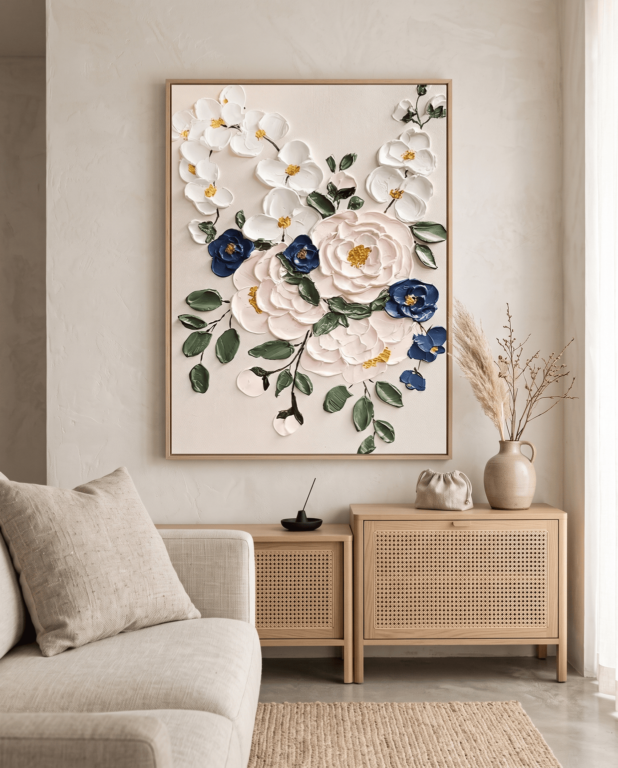Wit-Blauw Bloemenboeket – Botanisch Schilderij - Volsani