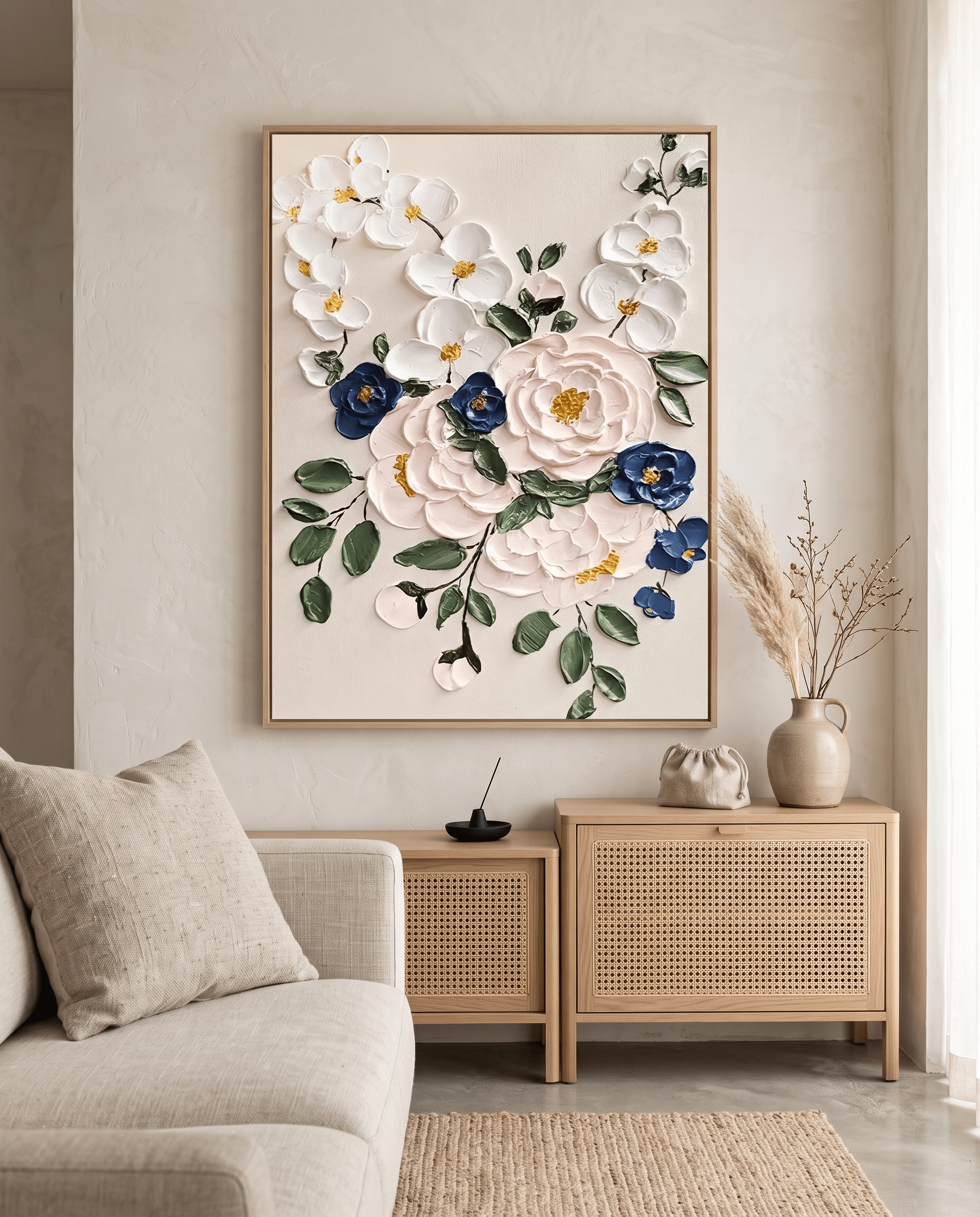 Wit-Blauw Bloemenboeket – Botanisch Schilderij - Volsani