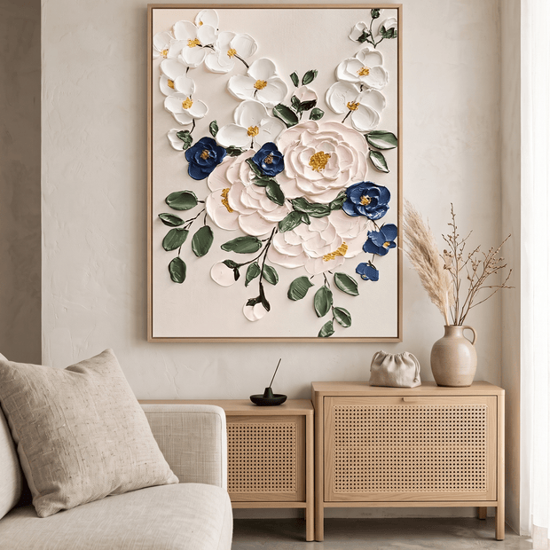 Wit-Blauw Bloemenboeket – Botanisch Schilderij - Volsani