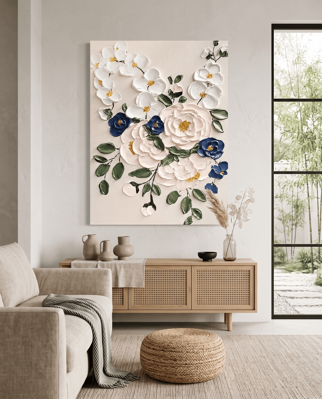 Wit-Blauw Bloemenboeket – Botanisch Schilderij - Volsani
