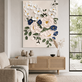 Wit-Blauw Bloemenboeket – Botanisch Schilderij - Volsani