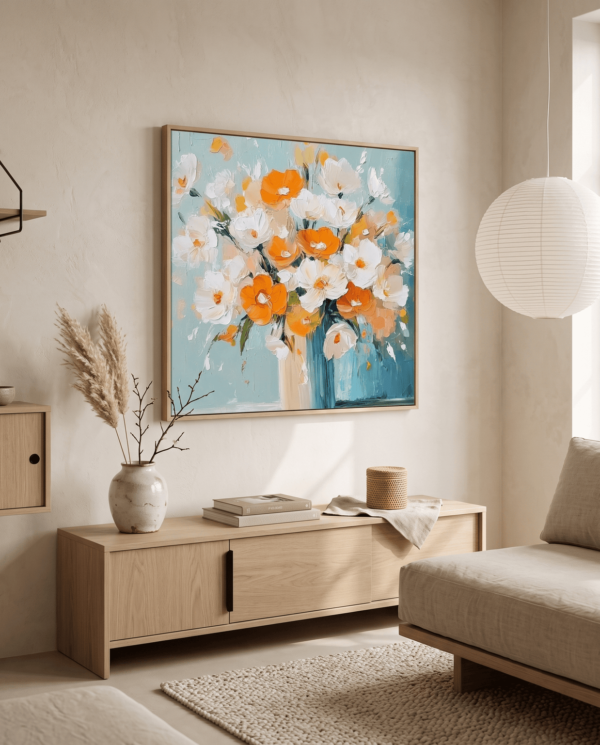 Wit-Oranje Bloemen in Vaas – Zacht Bloemschilderij - Volsani