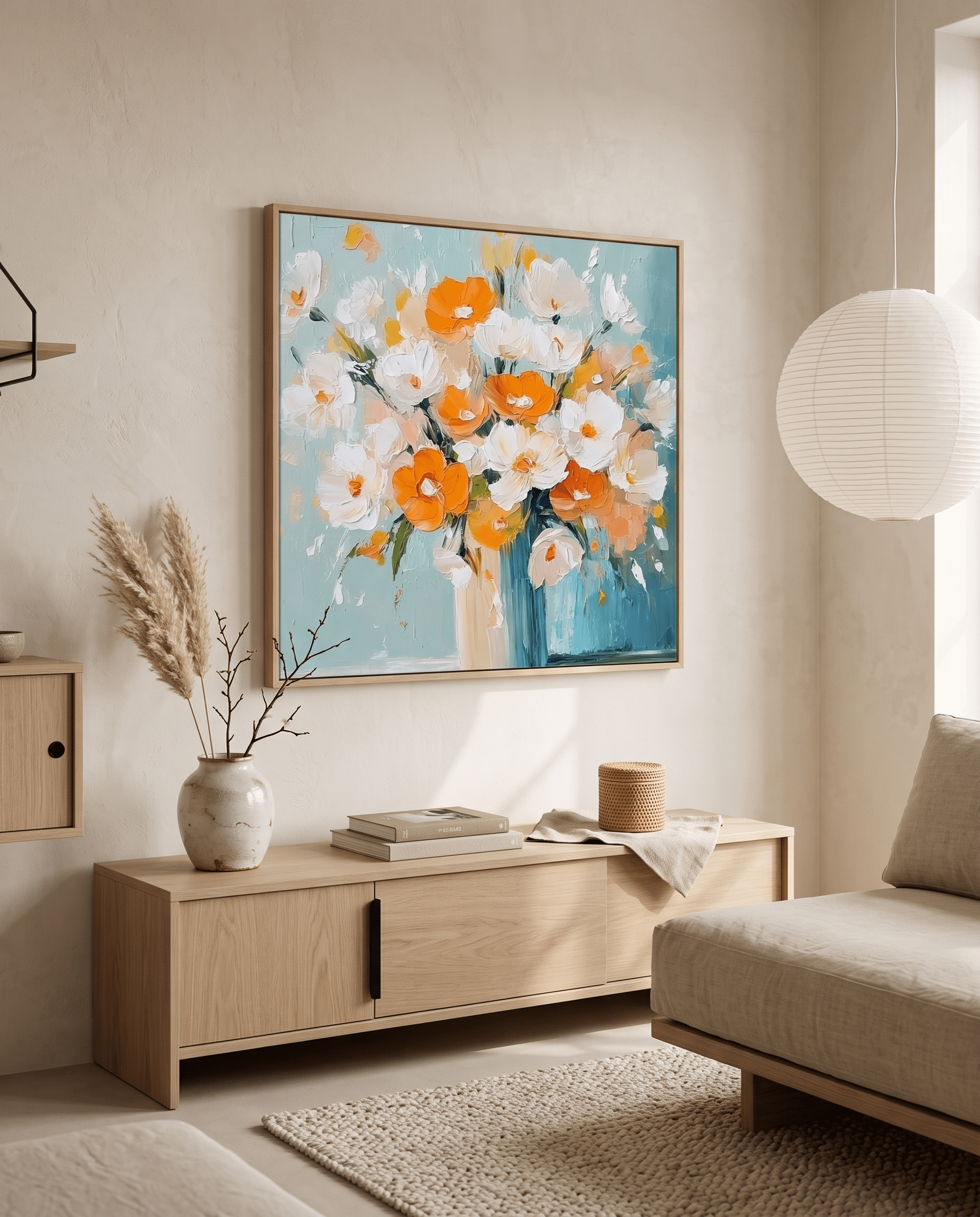 Wit-Oranje Bloemen in Vaas – Zacht Bloemschilderij - Volsani