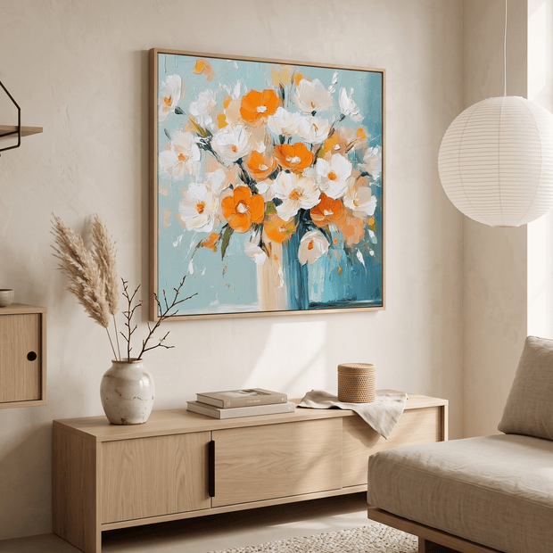 Wit-Oranje Bloemen in Vaas – Zacht Bloemschilderij - Volsani