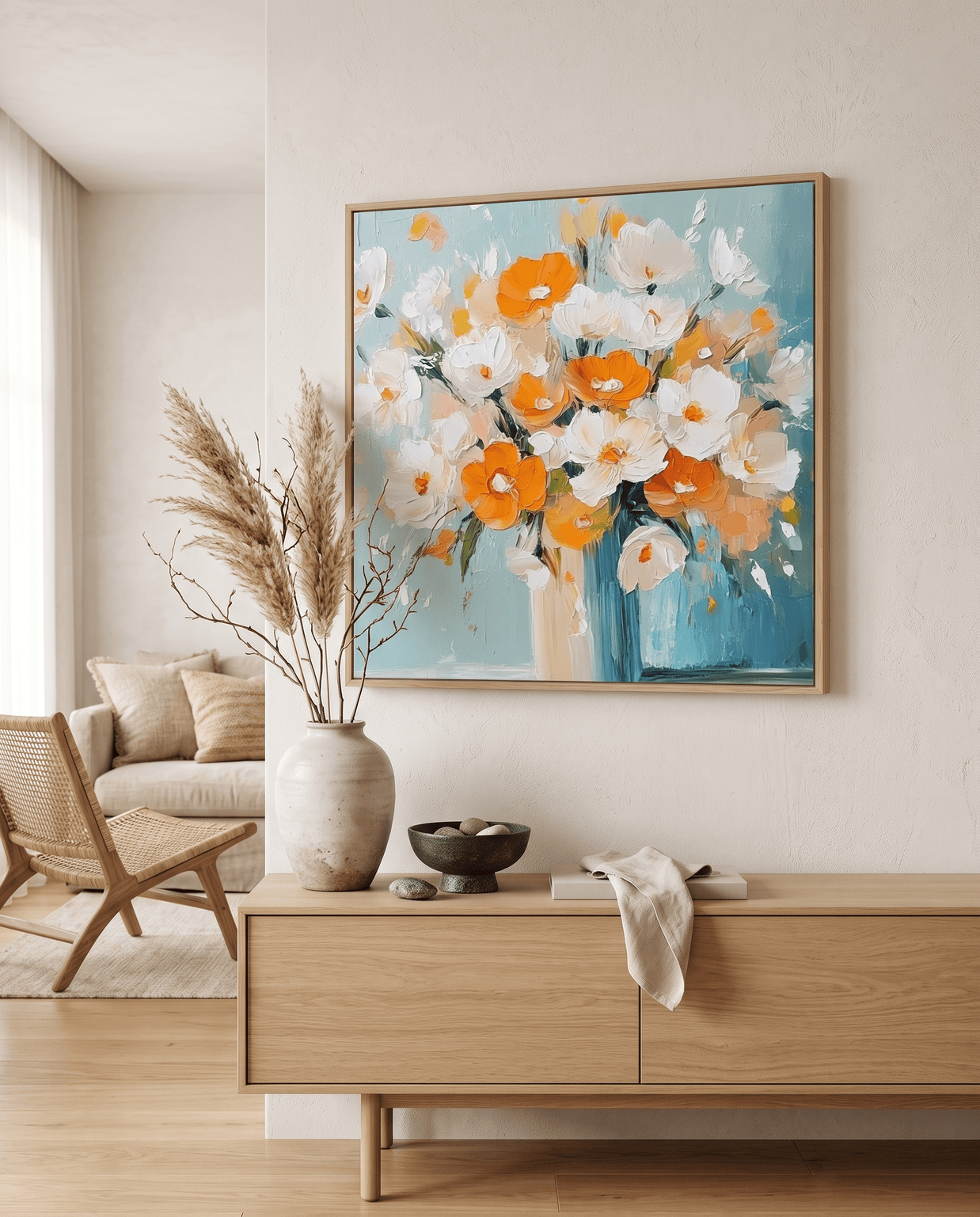 Wit-Oranje Bloemen in Vaas – Zacht Bloemschilderij - Volsani