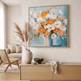 Wit-Oranje Bloemen in Vaas – Zacht Bloemschilderij - Volsani