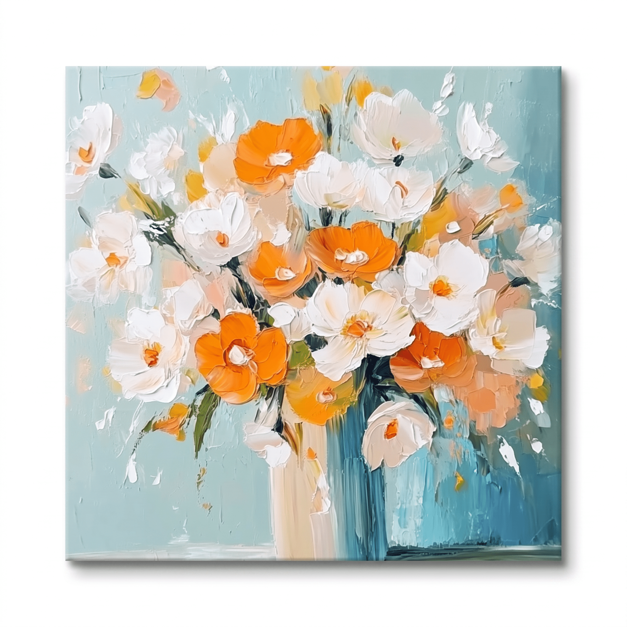 Wit-Oranje Bloemen in Vaas – Zacht Bloemschilderij - Volsani