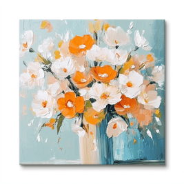 Wit-Oranje Bloemen in Vaas – Zacht Bloemschilderij - Volsani