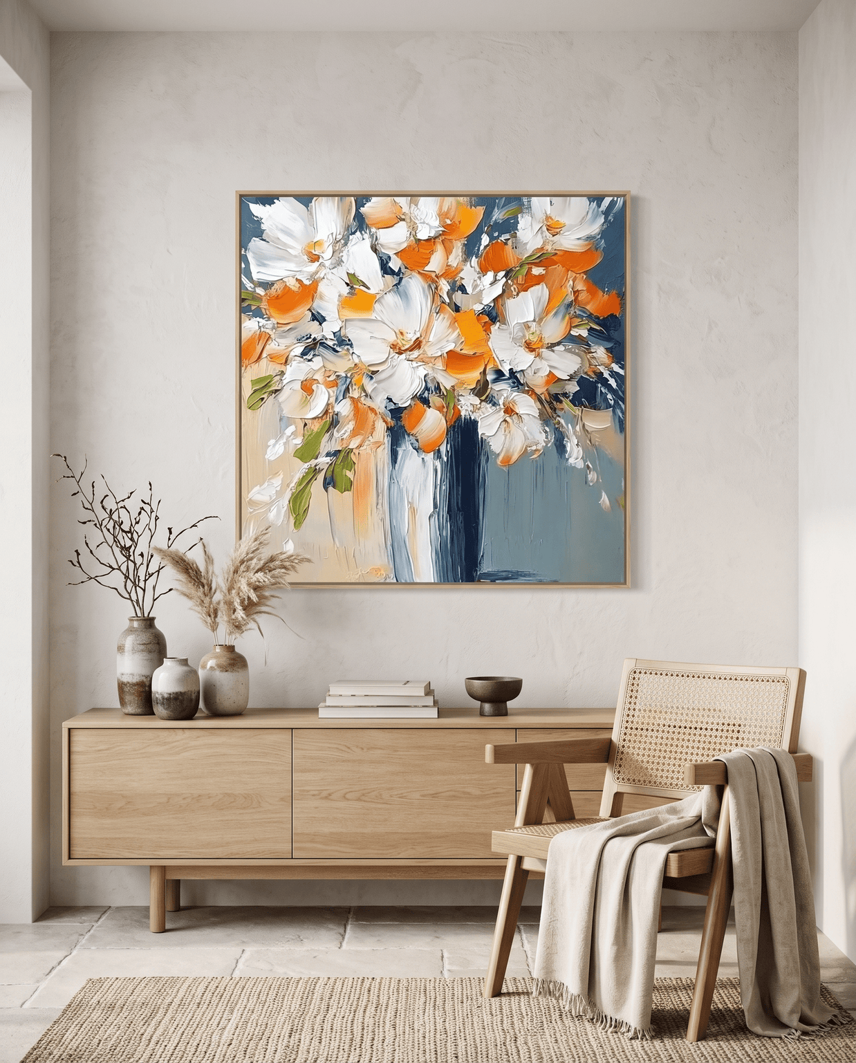 Wit-Oranje Bloemenboeket in Blauwe Vaas – Bloemschilderij - Volsani