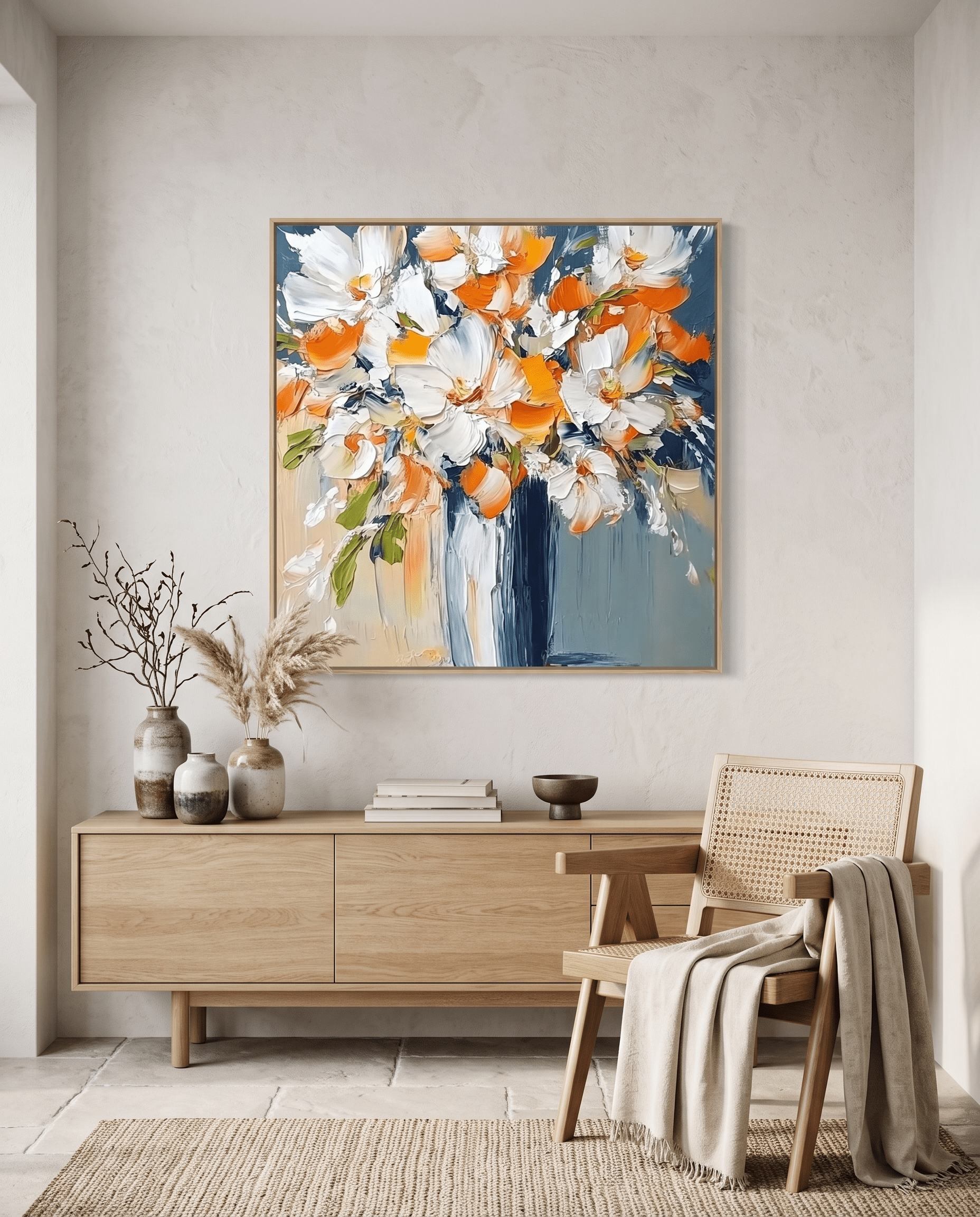 Wit-Oranje Bloemenboeket in Blauwe Vaas – Bloemschilderij - Volsani