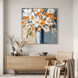 Wit-Oranje Bloemenboeket in Blauwe Vaas – Bloemschilderij - Volsani