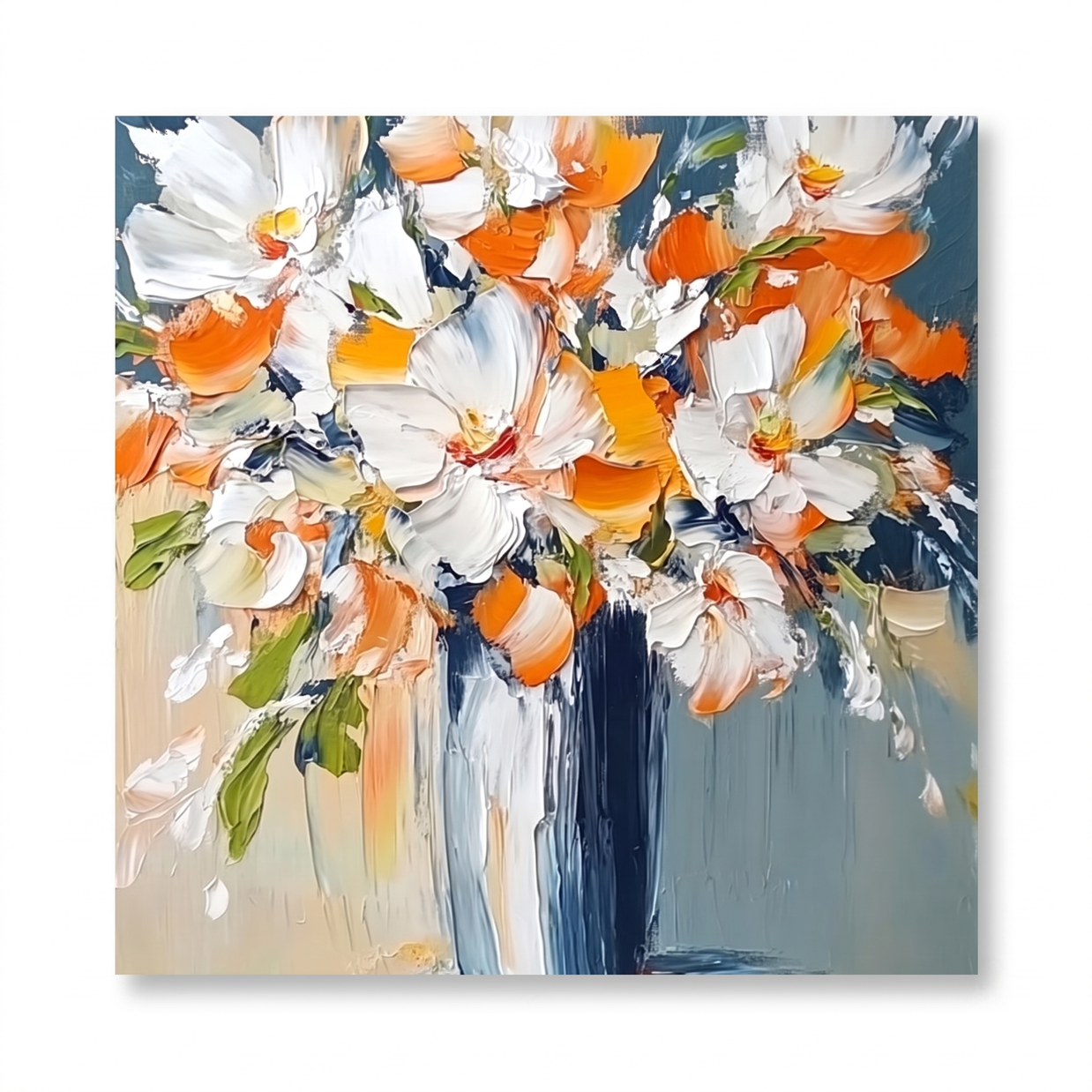 Wit-Oranje Bloemenboeket in Blauwe Vaas – Bloemschilderij - Volsani