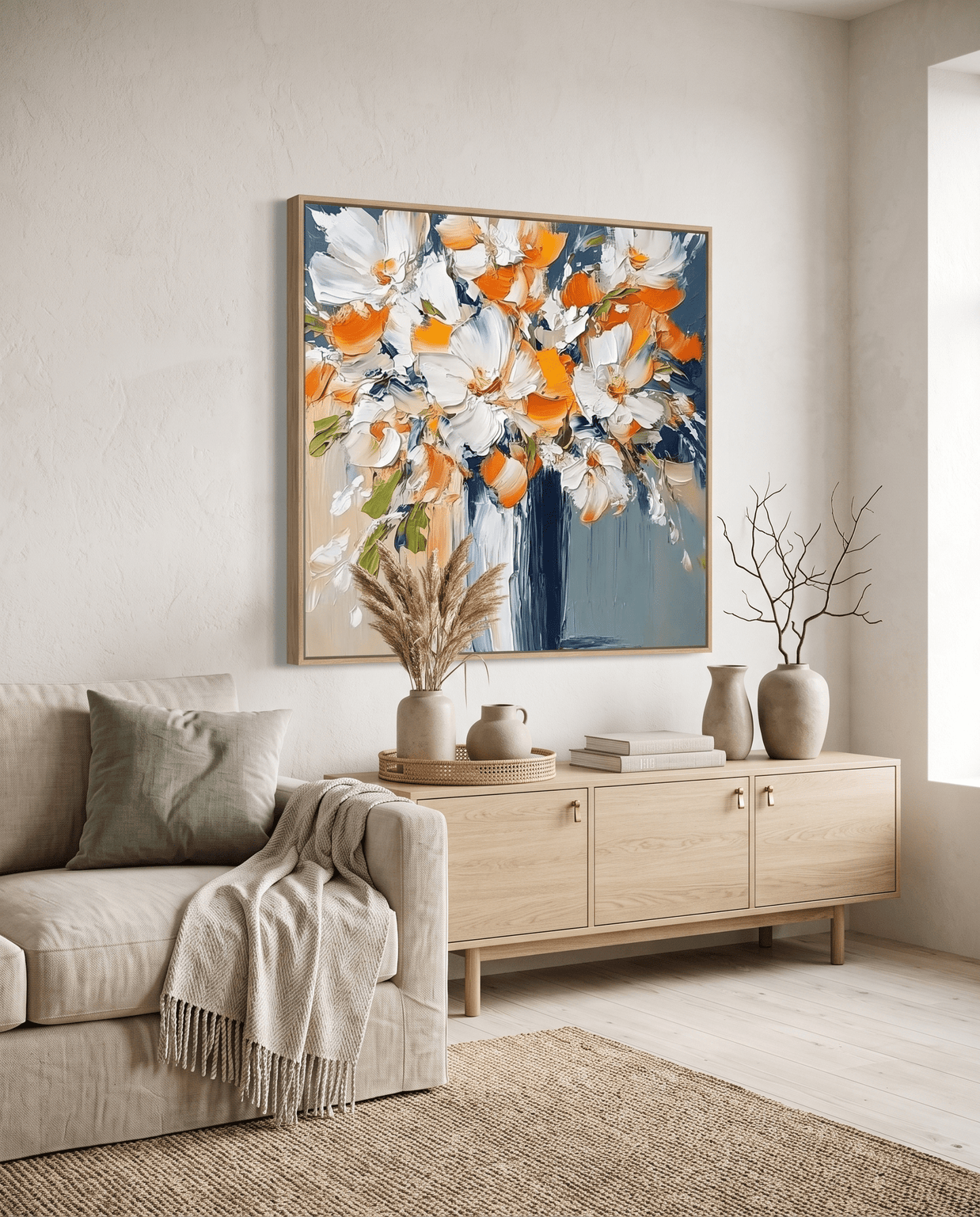 Wit-Oranje Bloemenboeket in Blauwe Vaas – Bloemschilderij - Volsani