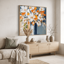 Wit-Oranje Bloemenboeket in Blauwe Vaas – Bloemschilderij - Volsani