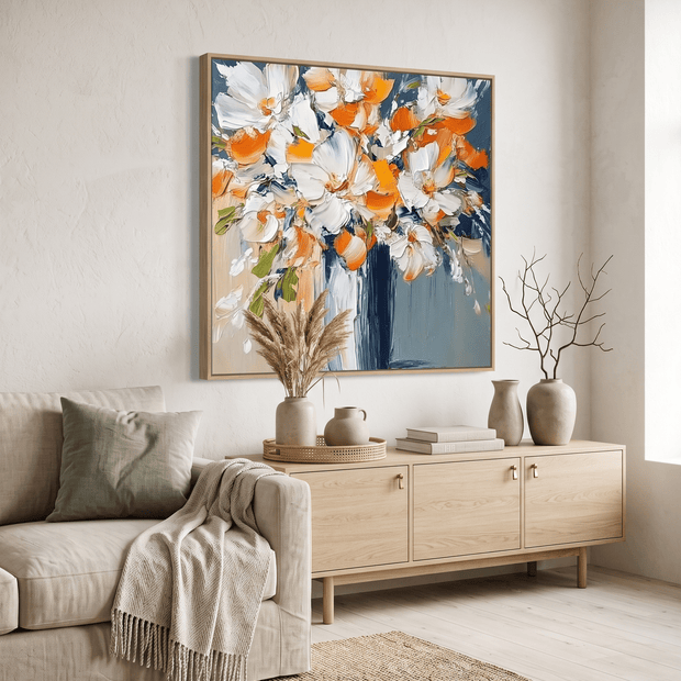 Wit-Oranje Bloemenboeket in Blauwe Vaas – Bloemschilderij - Volsani