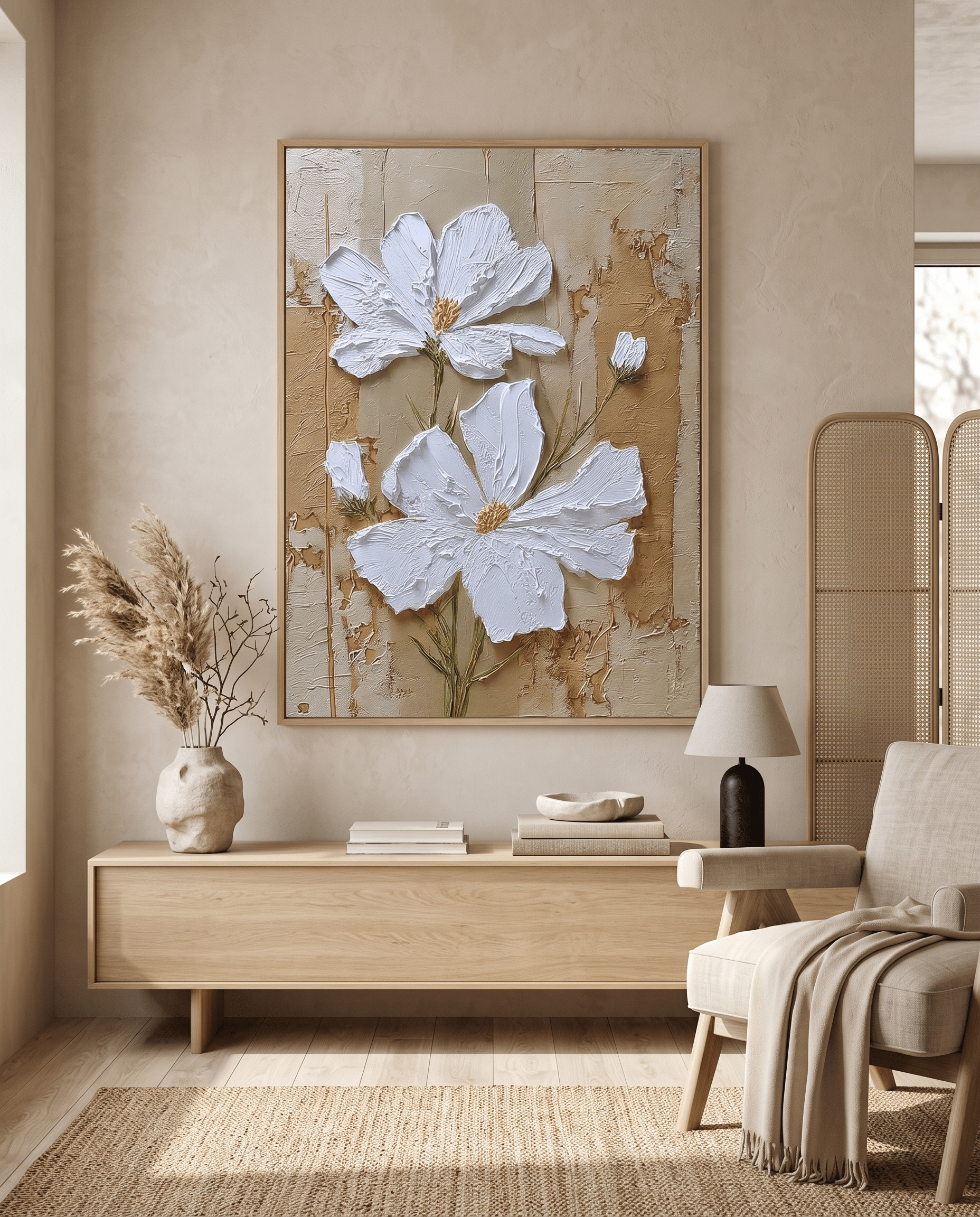 Witte Bloem – Getextureerd Impasto Schilderij (Crème) - Volsani