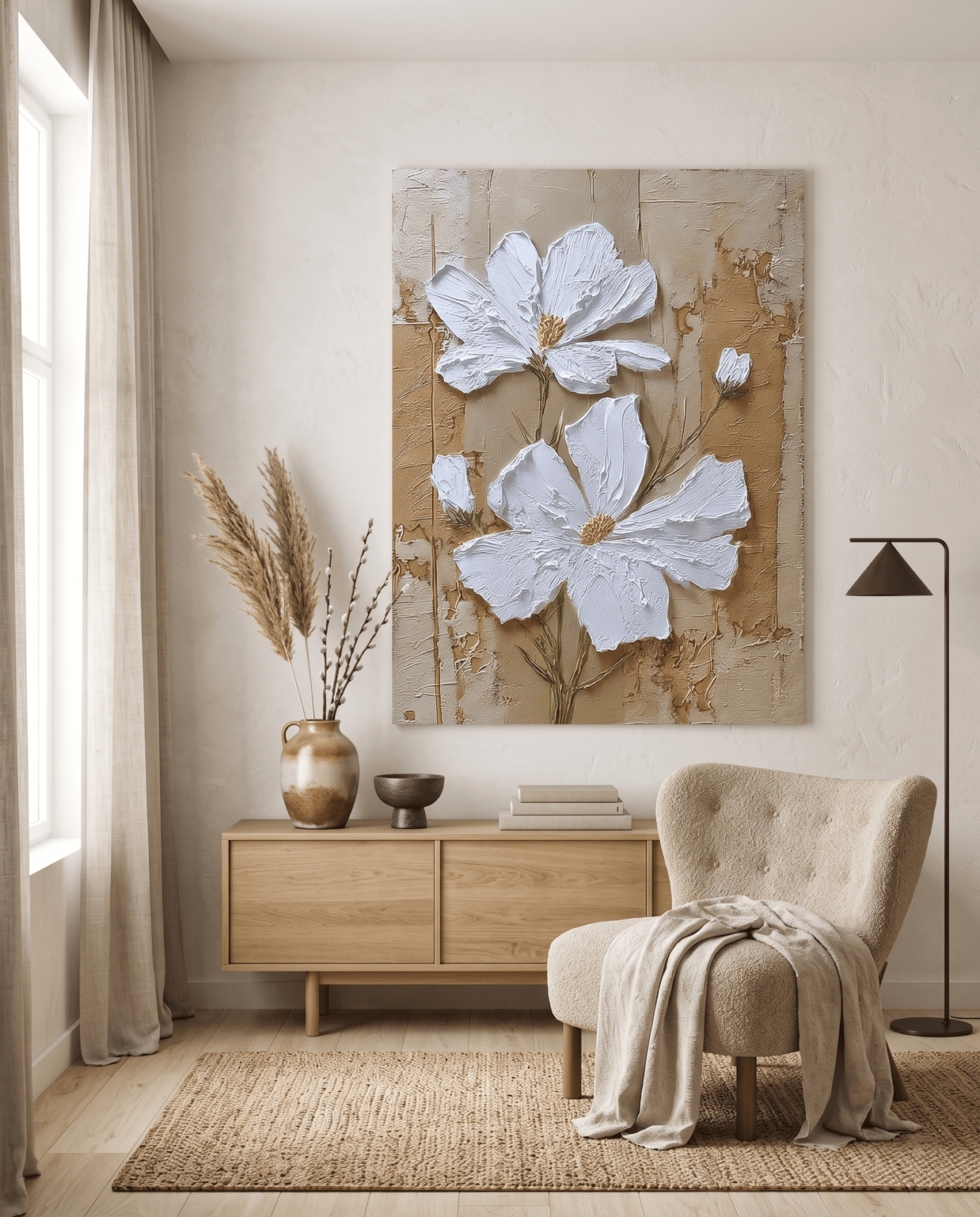 Witte Bloem – Getextureerd Impasto Schilderij (Crème) - Volsani