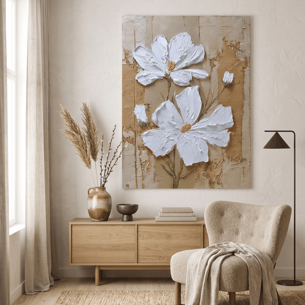Witte Bloem – Getextureerd Impasto Schilderij (Crème) - Volsani