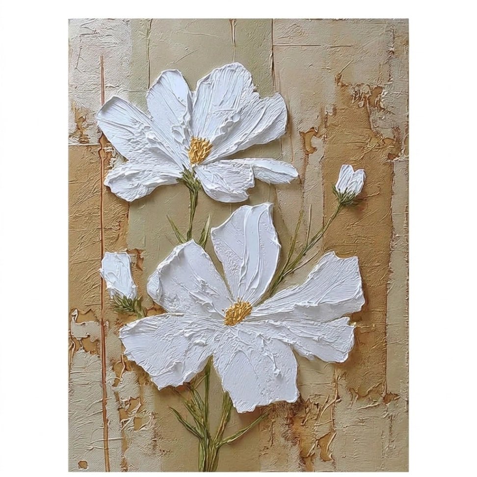 Witte Bloem – Getextureerd Impasto Schilderij (Crème) - Volsani