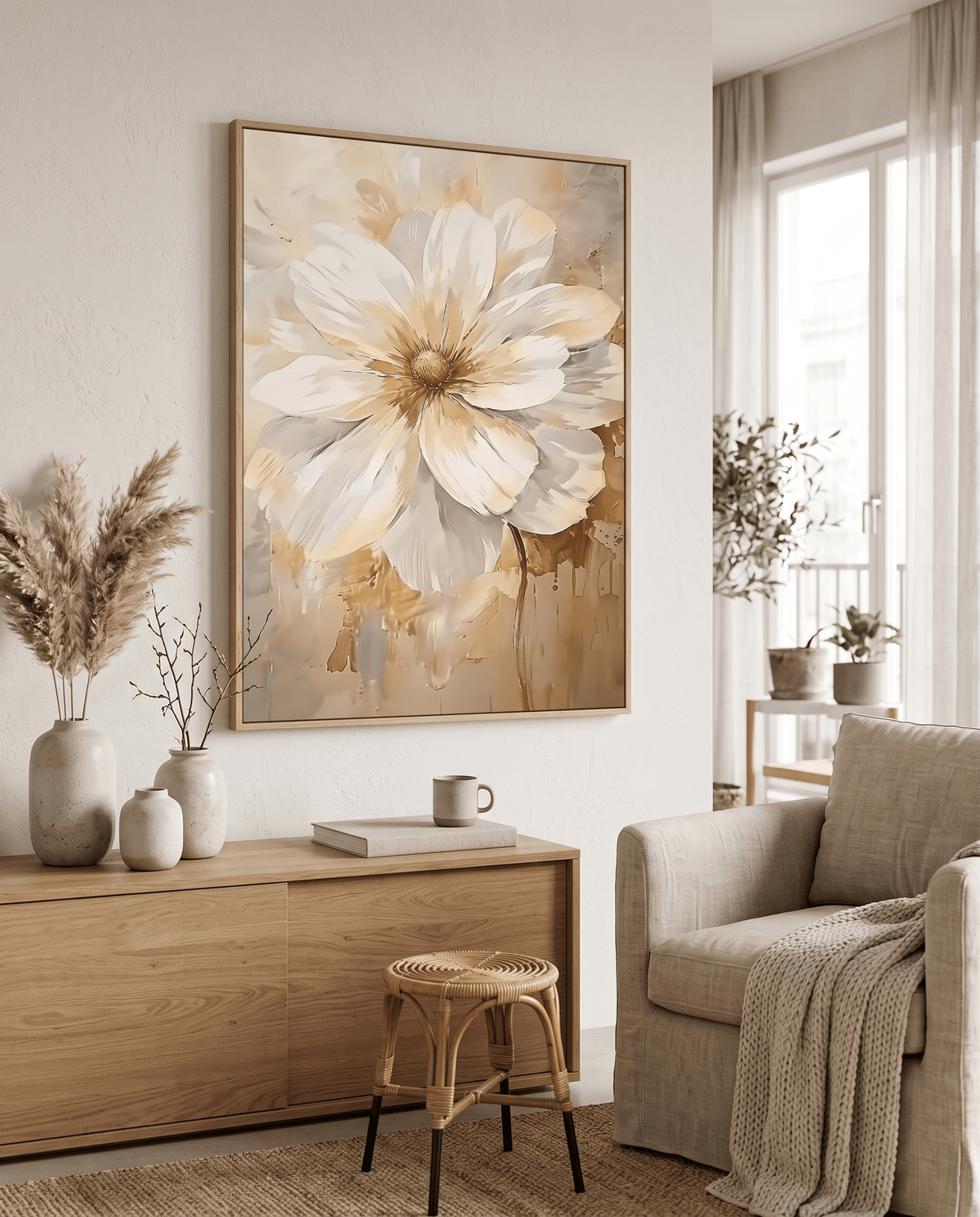 Witte Bloem met Goud – Luxe Neutraal Bloemschilderij - Volsani