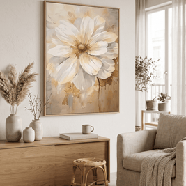 Witte Bloem met Goud – Luxe Neutraal Bloemschilderij - Volsani