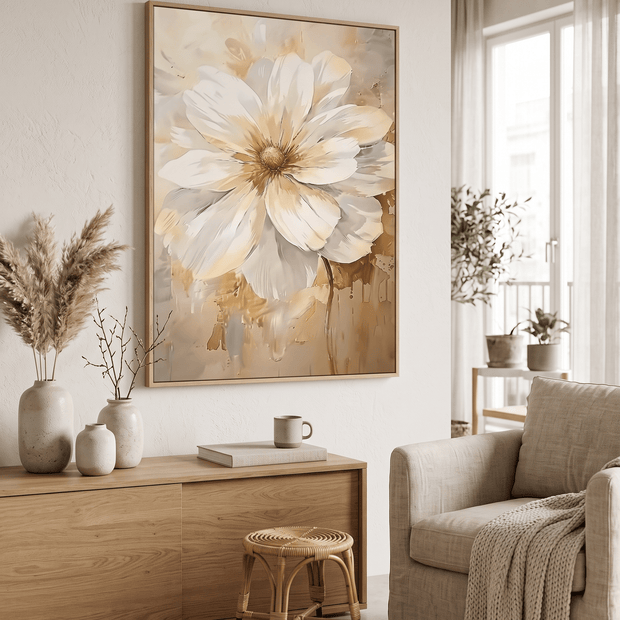 Witte Bloem met Goud – Luxe Neutraal Bloemschilderij - Volsani